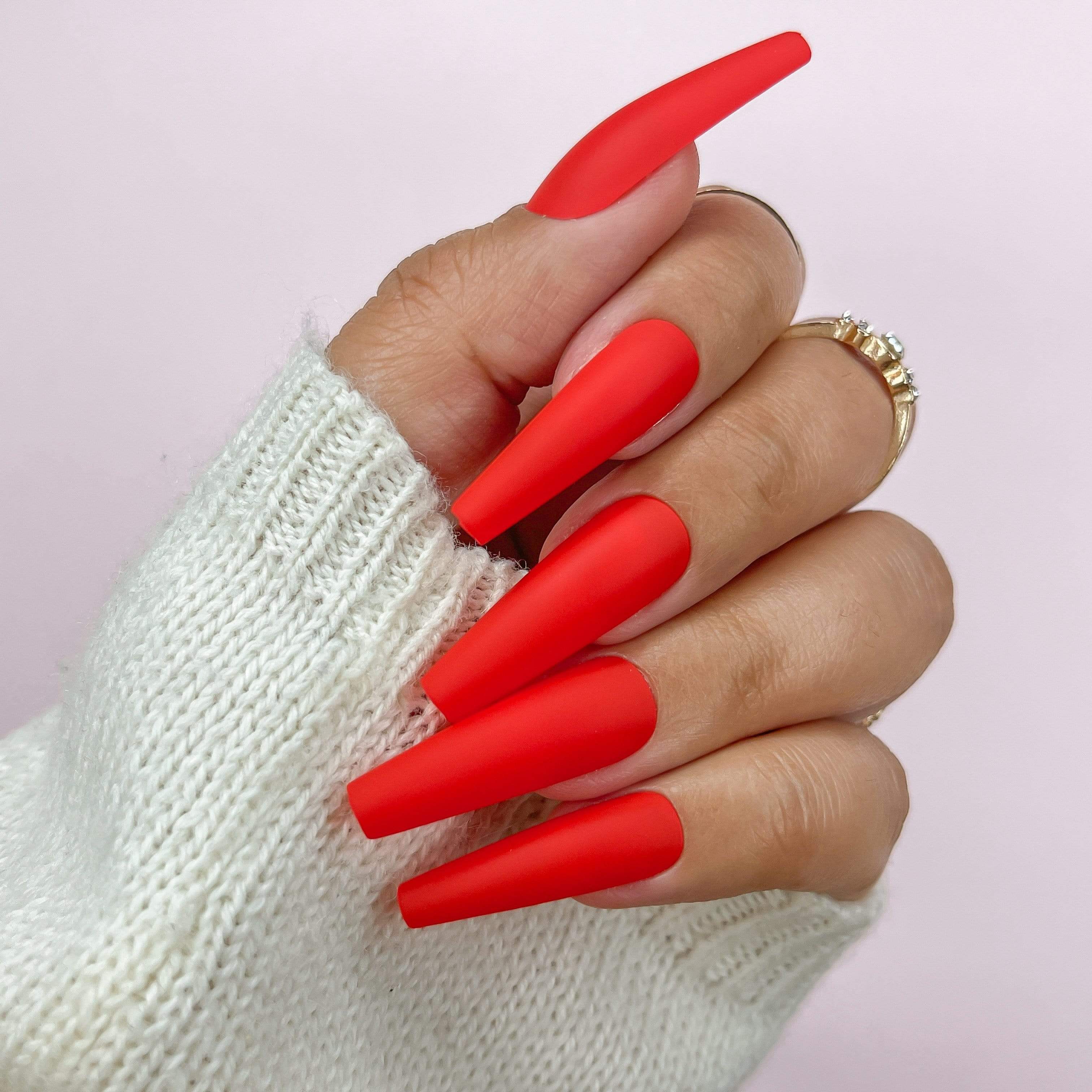 Matte Coral Red Square Long False Nails 1 With Adhesive Tape Slim Frosted  Design For Press On Fingernails From Bethanyary, $30.91 | DHgate.Com
